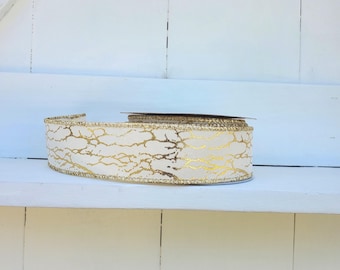 Cream with Gold Foil Twigs Wired Ribbon 1.5" X 10 Yards, Christmas Wired Ribbon, Gold Ribbon, Christmas, Gold