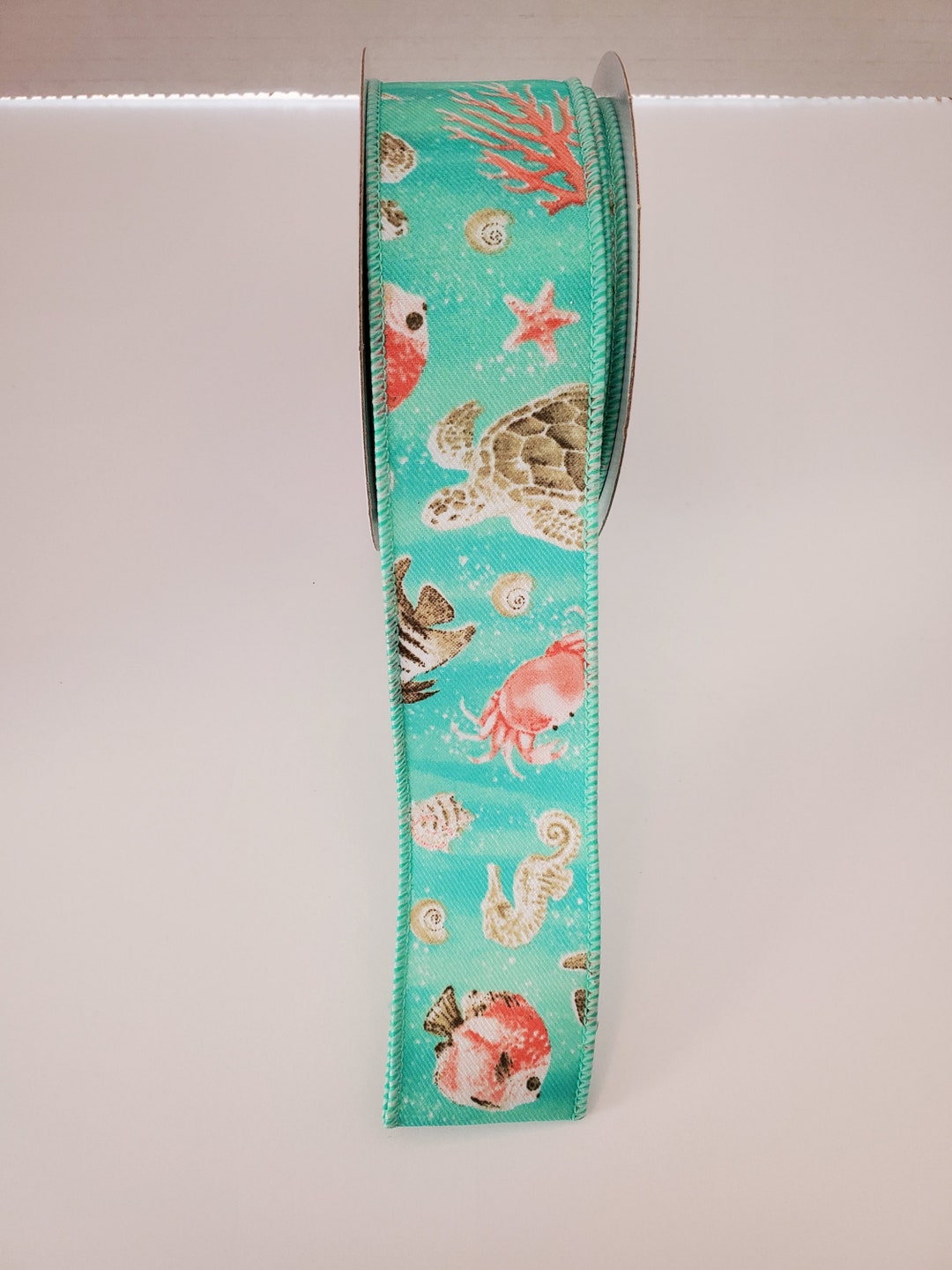 Ocean Ribbon Design Coastal Pattern Turquoise/coral/cream/seafoam Wired Ribbon 1.5