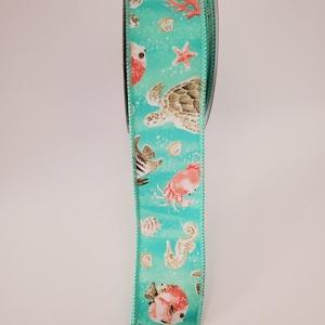 Coastal Pattern Turquoise/Coral/Cream/Seafoam Wired Ribbon 1.5&quot; X 10 Yards, Beach Ribbon, Coral, Seashells, Seahorse, Turtle, Fish, Crabs