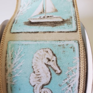 Coastal Block White/taupe/turquoise Wired Ribbon 2.5