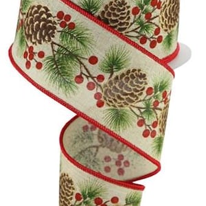 Pinecone/Berries Light Natural/Green/Red/Brown Wired Ribbon 2.5&quot; X 10 Yards, Christmas Ribbon, Christmas, Bows, Pine, Red Berries