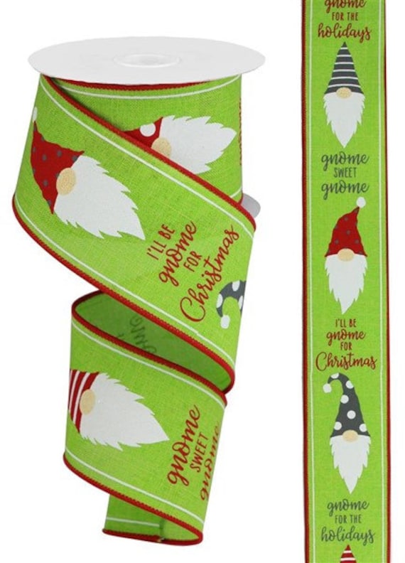 2.5 Inch Christmas Gnomes on Grey Canvas Ribbon - Wired Christmas Ribbon -  5 Yards