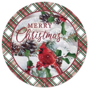 Merry Christmas Glitter Red Cardinal 12 Inch Metal Sign, Plaid Red Cardinal Sign, Red Bird, Christmas Sign, Wreath Sign, Cardinal, Christmas