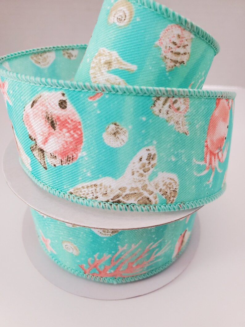 Wide Coasta Ribbon Coastal Pattern Turquoise/coral/cream/seafoam Wired Ribbon 1.5