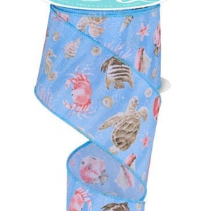 Coastal Pattern Blue/Coral/Cream/Light Blue Wired Ribbon 2.5&quot; X 10 Yards, Beach Ribbon, Coral, Seashells, Seahorse, Turtle, Fish, Crabs