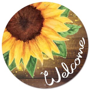 Letrero metálico redondo de 30 cm con diseño de girasol amarillo grande, con aspecto de madera, ideal para coronas, de bienvenida y coronas de girasol.