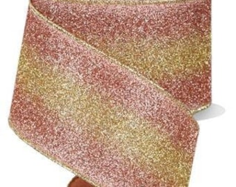 Light Pink/Rose Gold/Gold Gradient Glitter Wired Ribbon 2.5" X 10 Yards, Wreath Ribbon, Wreath Supplies, Rose Gold Ribbon, Christmas Ribbon