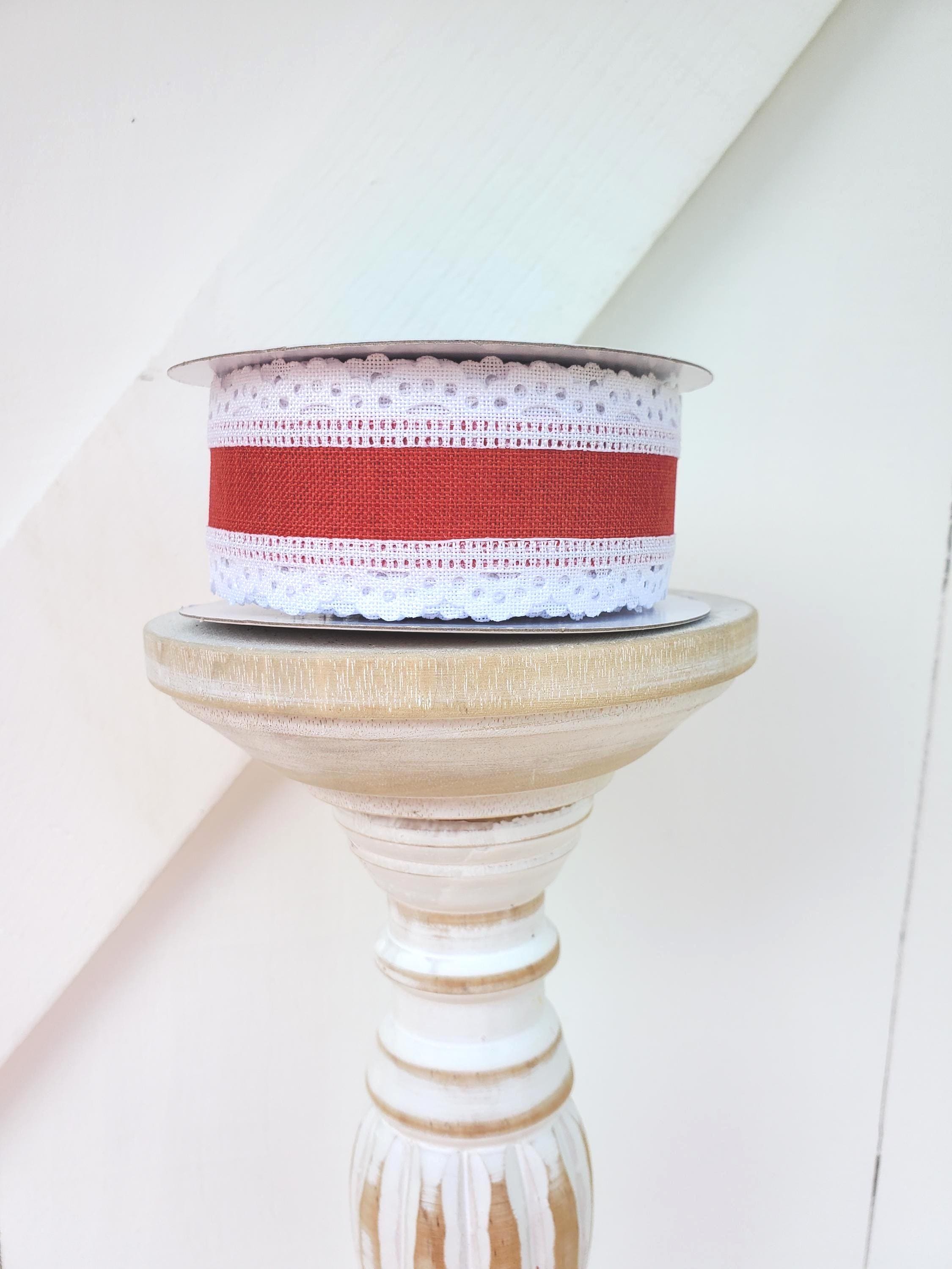 White Lace Edge Red Royal Burlap Wired Ribbon 1.5