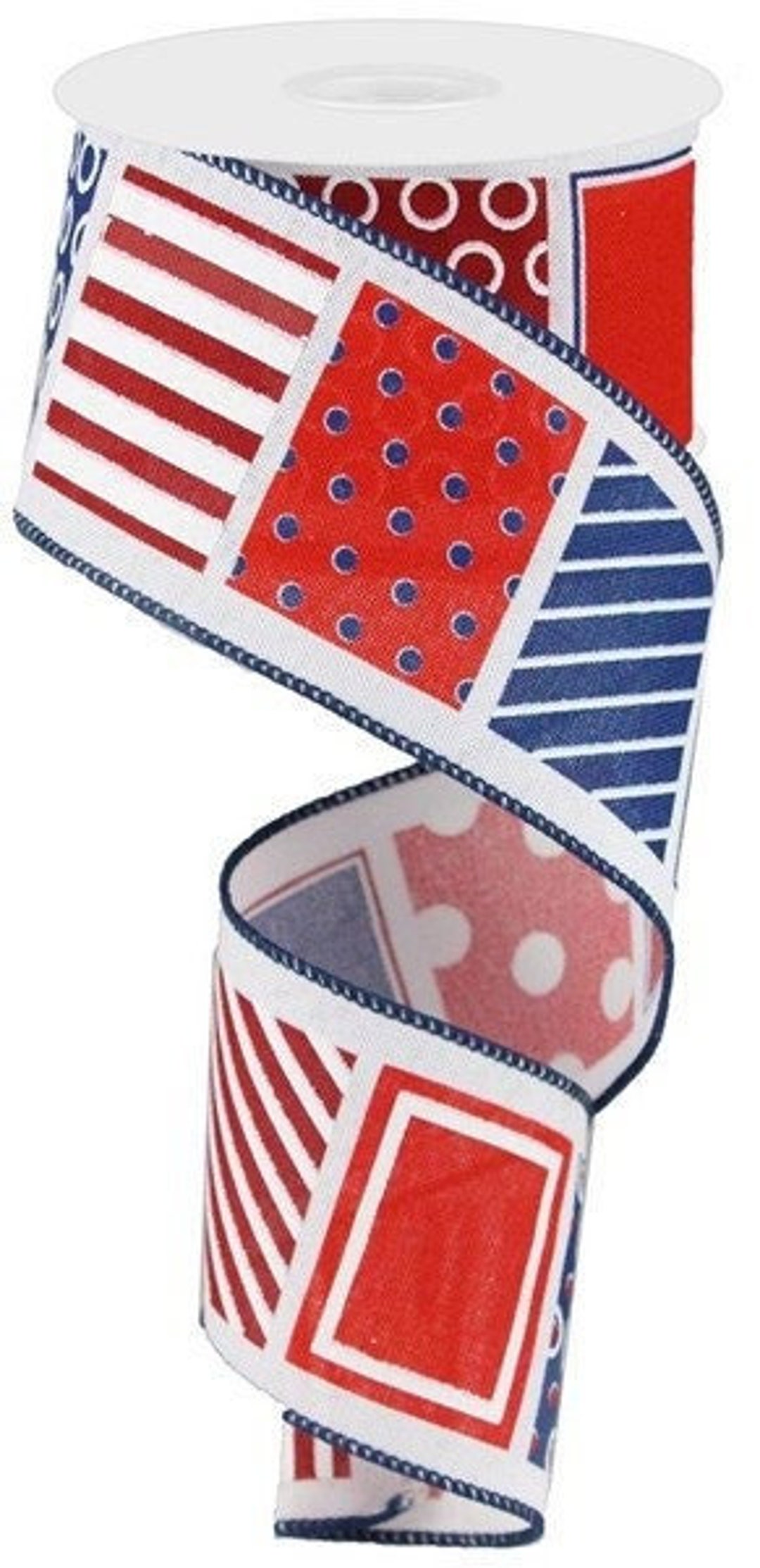 Blue Ribbon Block White/red/navy Blue Blocks/lines /circles/dots Wired Ribbon 2.5