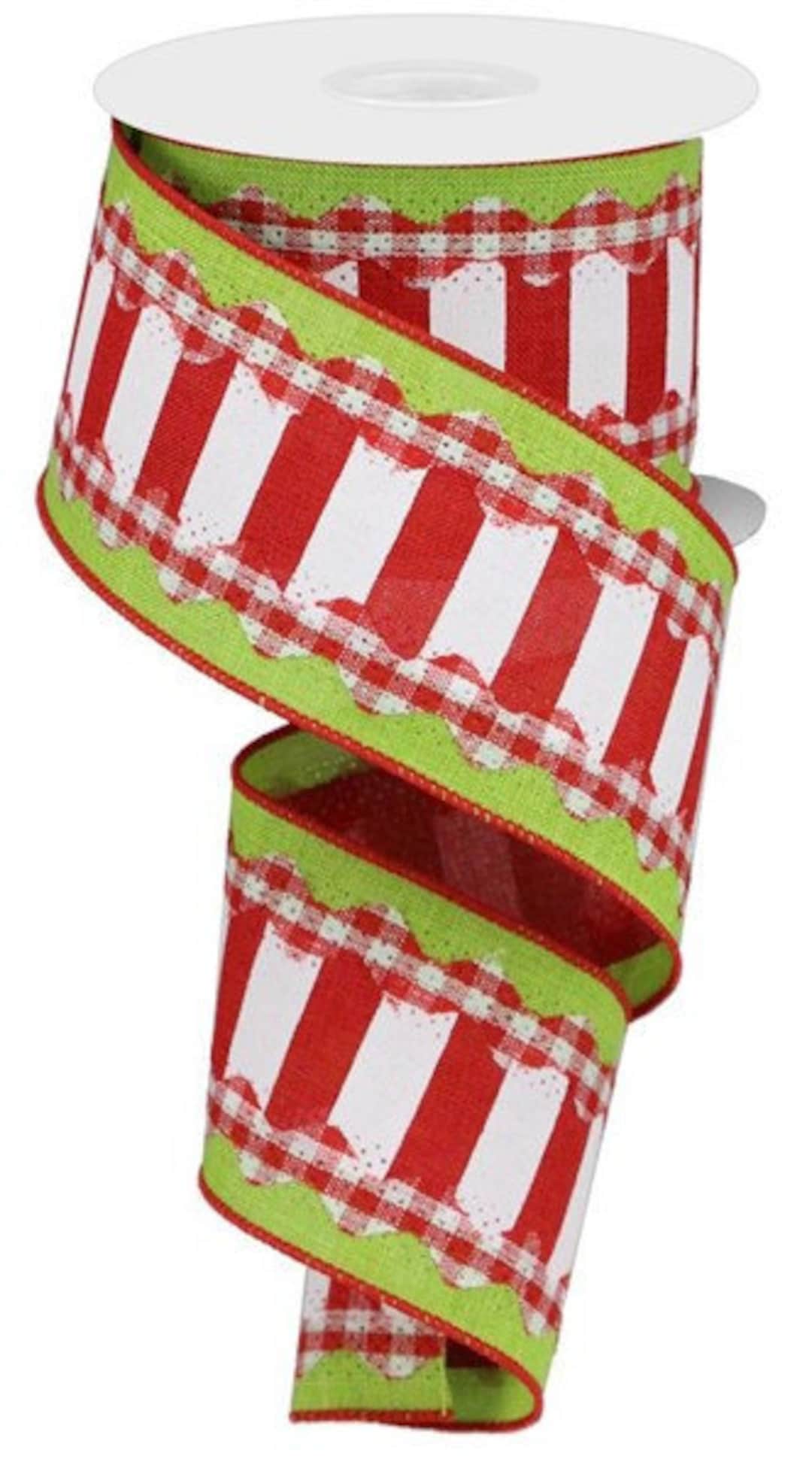 Christmas Gingham Ric Rac Stripe Royal Red/white/green Wired Ribbon ...