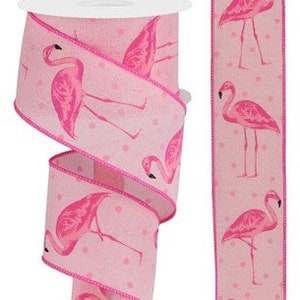Pink Flamingo Wired Ribbon, Flamingo Ribbon, Polka Dot Ribbon, 2.5&quot; X 10 Yds Ribbon, Flamingo, Wreath Supplies, Ribbon For Wreath, Ribbon