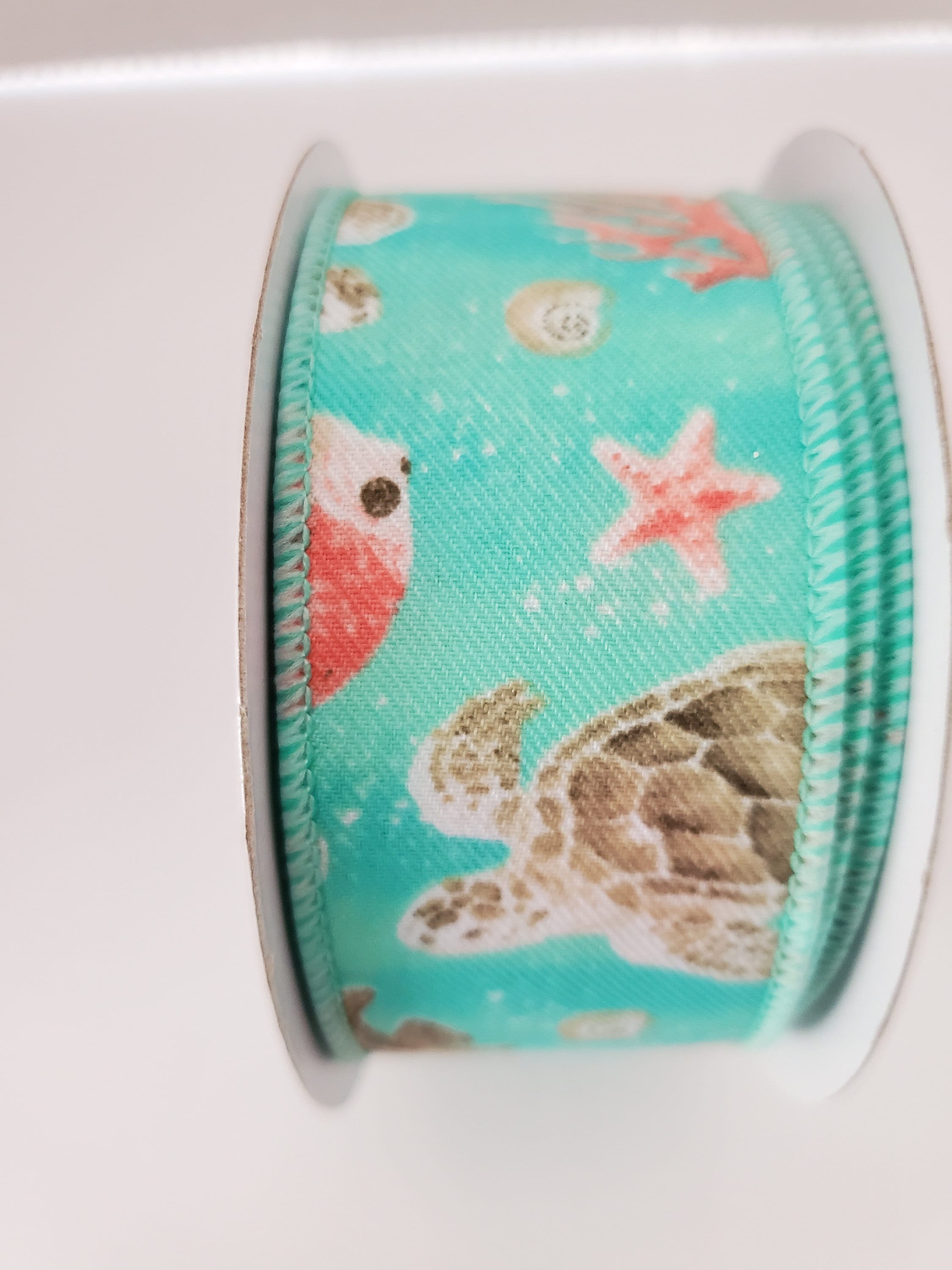 Ocean Ribbon Design Coastal Pattern Turquoise/coral/cream/seafoam Wired Ribbon 1.5