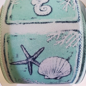 Coastal Block White/Turquoise/Blue Wired Ribbon 2.5&quot; X 10 Yards, Beach Ribbon, Starfish, Seashells, Seahorse, Anchor, Wreath Supplies