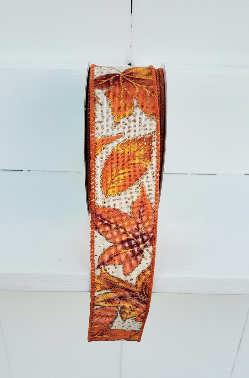 Fall Leaves with Glitter Dots Wired Ribbon Yellow/Orange/Brown/Gold 1.5" X 10 Yards, Fall Ribbon, Autumn Ribbon, Leaves, Fall, Wreath Ribbon image 5