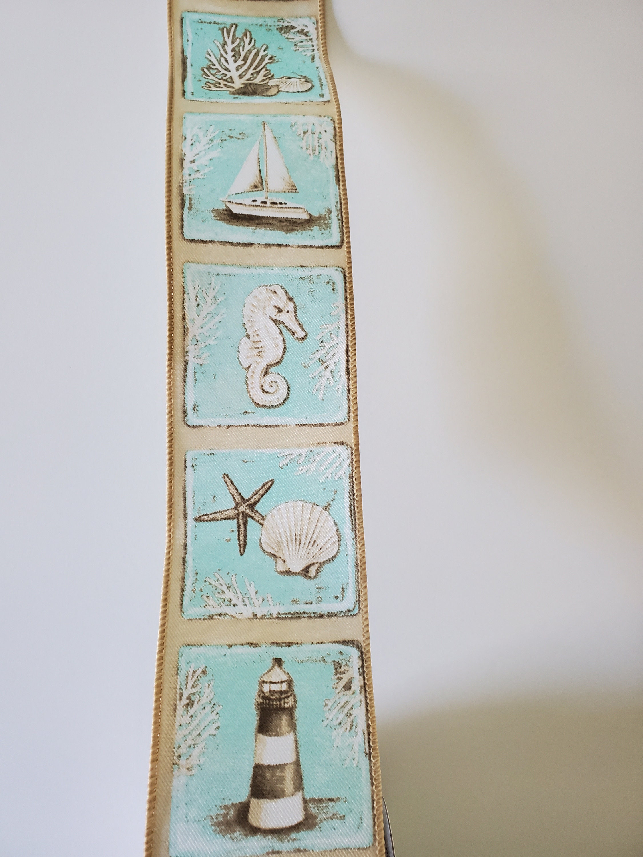 Wide Coasta Ribbon Coastal Block White/taupe/turquoise Wired Ribbon 2.5
