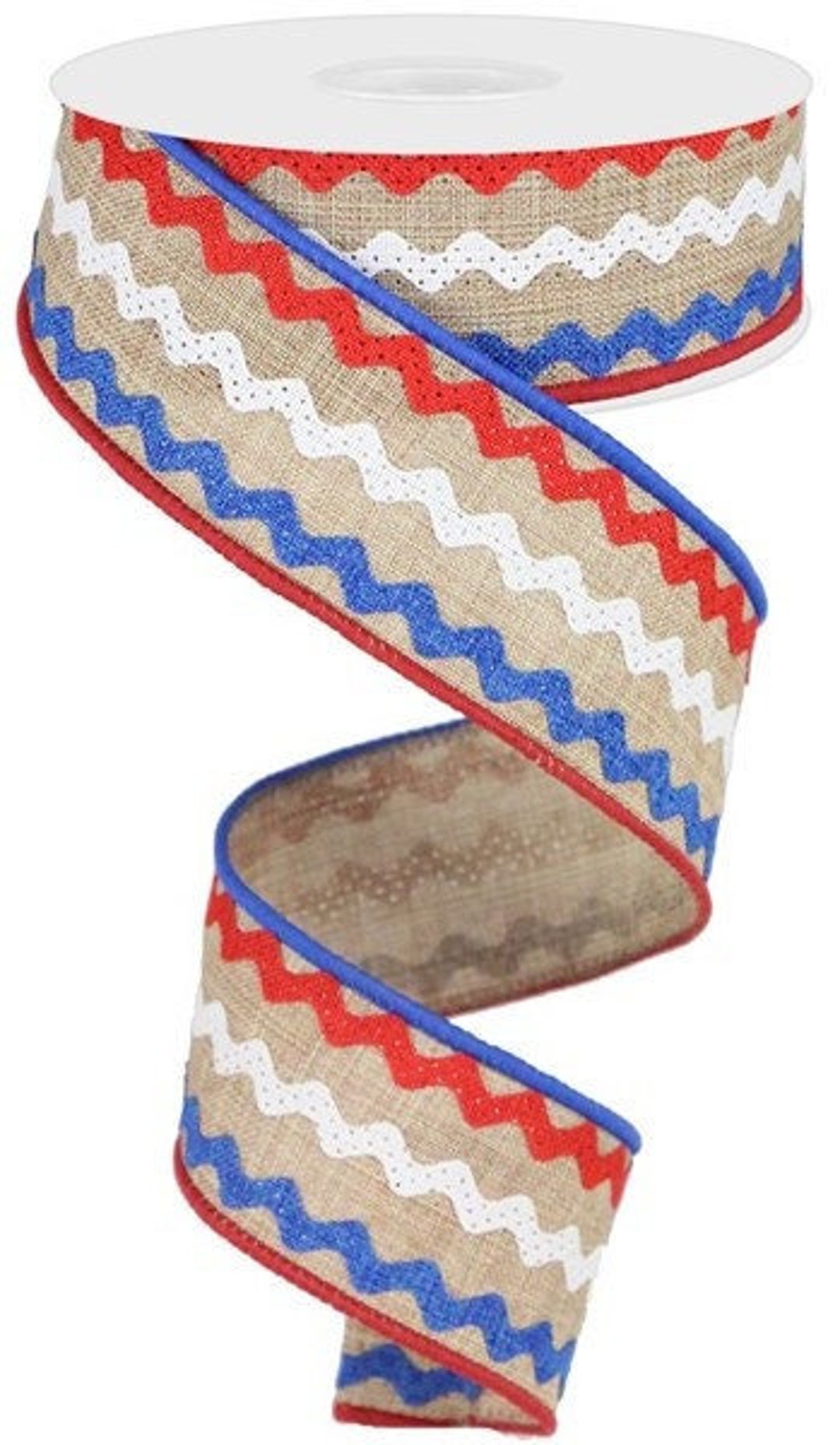 Ric Rac Light Tan/red/white/blue Wired Ribbon, 1.5