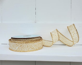 7/8" Light Cream with Gold Irregular Spotted Glitter Wired Ribbon X 10 Yards, Wreath Ribbon, Wreath Supplies, Christmas Ribbon, Anniversary