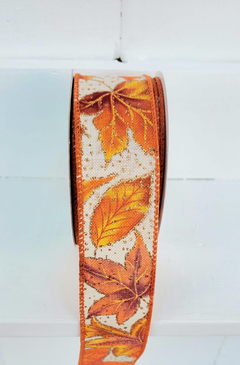Fall Leaves with Glitter Dots Wired Ribbon Yellow/Orange/Brown/Gold 1.5" X 10 Yards, Fall Ribbon, Autumn Ribbon, Leaves, Fall, Wreath Ribbon image 14