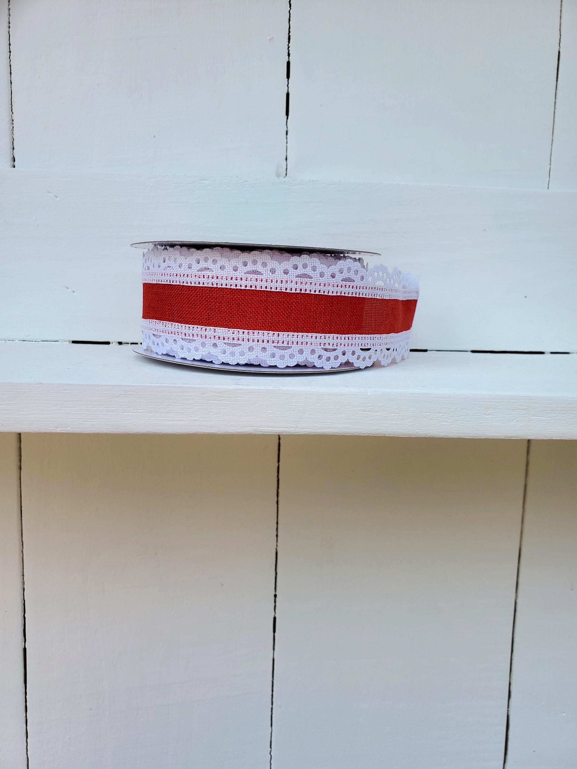White Lace Edge Red Royal Burlap Wired Ribbon 1.5