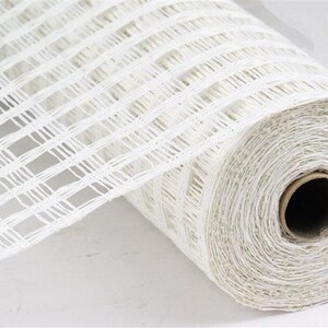 May include: White mesh ribbon with a grid pattern. The ribbon is rolled up and ready to be used for crafting or decorating.