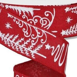 May include: Red and white ribbon with a Christmas tree and snowflake design. The ribbon is 2.5 inches wide.