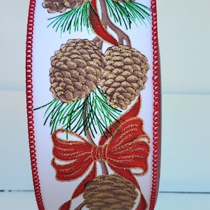 Pinecone/Pine Needle White/Red/Brown/Green/Gold Wired Ribbon 2.5" X 10 Yards, Christmas Ribbon, Christmas, Bows, Pine, Red Berries
