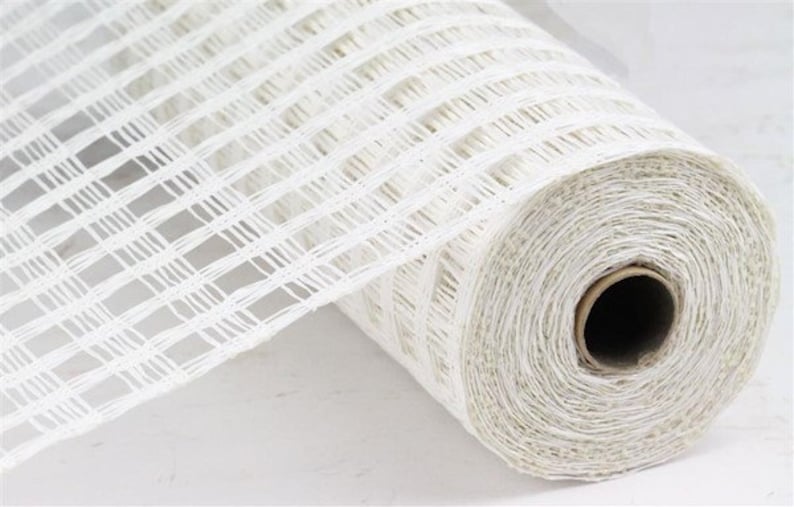 May include: White mesh ribbon roll with a grid pattern. The ribbon is rolled up and the end is visible.