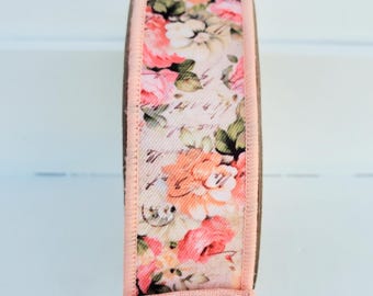Vintage Floral Garland Fused Ivory/Coral/Pink/Green D'Lux Wired Ribbon 1.5' X 10 yards, Spring Ribbon, Ribbon for Wreath, Wreath Supplies,