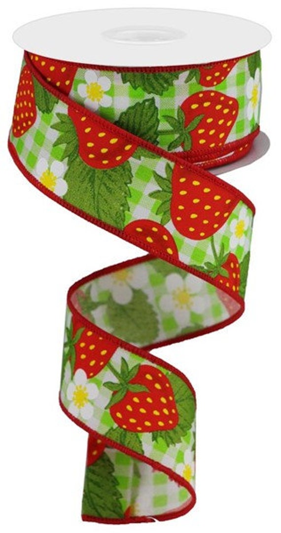 Strawberries On Green/White Check Wired Ribbon, 1.5 X 10 yard Strawberry  Ribbon, Ribbon For Wreaths, Wreath Supplies, Strawberries, Gingham