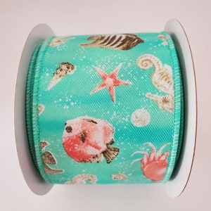 Coastal Pattern Turquoise/Coral/Cream/Seafoam Wired Ribbon 2.5&quot; X 10 Yards, Beach Ribbon, Coral, Seashells, Seahorse, Turtle, Fish, Crabs