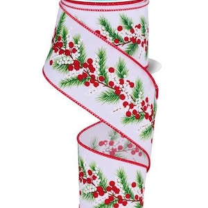 Berries and Pine White/Red/Green/Brown Wired Ribbon 2.5&quot; X 10 Yards, Christmas Ribbon, Christmas, Bows, Pine, Red Berries, Holiday Ribbon