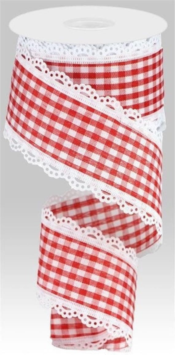 Scalloped Edge Red/white Gingham Check Wired Ribbon, 2.5 X 10 Yards Ribbon,  Gingham Check Ribbon, Red Check Ribbon, Wreath Ribbon, Bows 