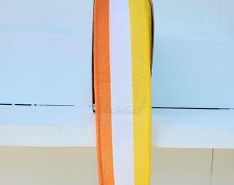 Halloween Ribbon Faux 3-N-1 Vertical Stripe Yellow/White/Orange Wired Ribbon 1.5" X 10 Yards, Wreath Supplies, Candy Corn