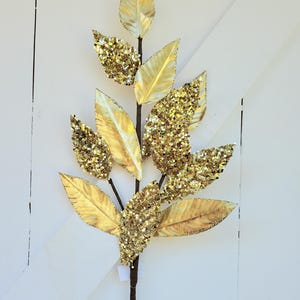 Gold Metallic Glitter Leaf Spray 28&quot; Long, Gold Leaf Spray, Gold Leaf Pick, Christmas Gold Leaf Pick, Golden Anniversary Decorations