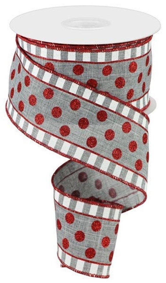 Red Glitter Polka Dot on Grey Wired Ribbon, Grey and White Stripe Ribbon,  Christmas Wired Ribbon, 2.5 X 10 Yards Ribbon, Christmas, Gray 