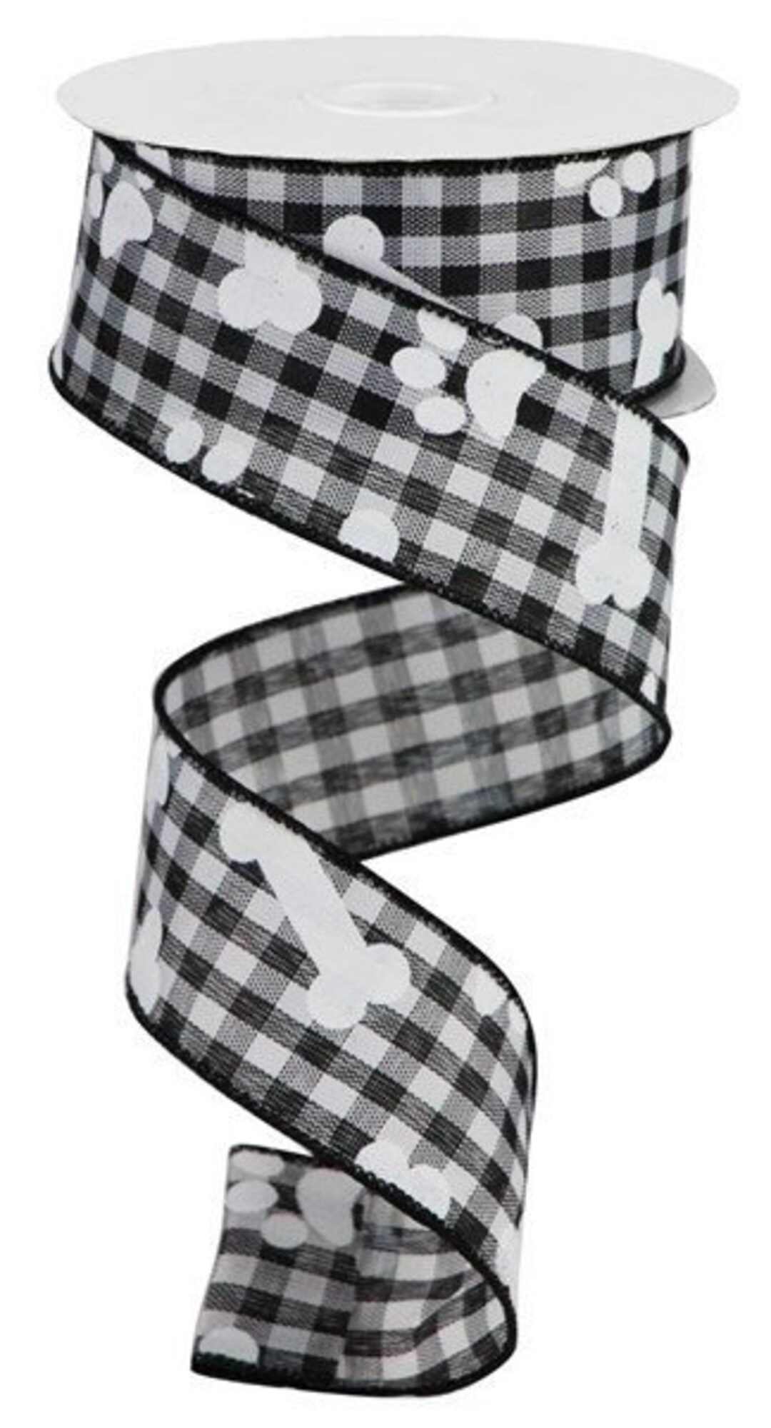 Dogpatch Ribbon Dog Pawprints/bones Black/white Gingham Wired Ribbon 1.5