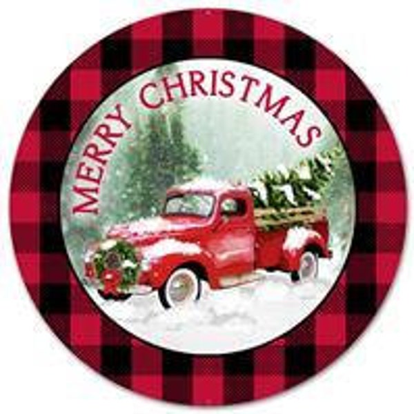 8 Inch Sign Metal Vintage Red Truck, Red and Black Buffalo Plaid, Merry Christmas Sign, Vintage Red Truc k, Vintage Truck, Red Truck, Snow