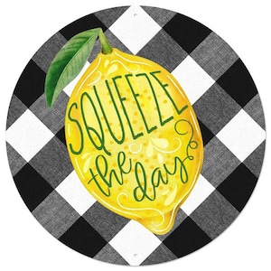 Squeeze The Day Black/White Check Lemon Metal Sign, 12 Inch Metal Sign, Lemon Sign, Wreath Attachment, Wreath Sign, Lemon Wreath Sign, Lemon