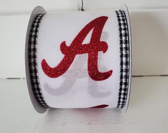 Red Glitter A White Royal Burlap Gingham Edge Wired Ribbon 2.75" X 10 Yards, Alabama Ribbon, Wreath Supplies, Alabama, Alabama Wreath, Red