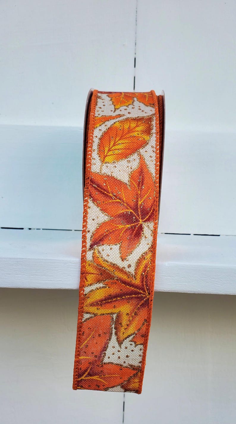 Fall Leaves with Glitter Dots Wired Ribbon Yellow/Orange/Brown/Gold 1.5" X 10 Yards, Fall Ribbon, Autumn Ribbon, Leaves, Fall, Wreath Ribbon image 15