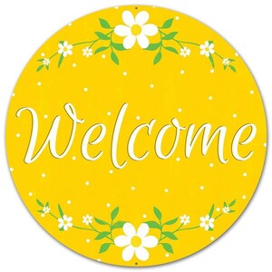 Bienvenido signo de margarita de metal amarillo, signo de primavera, signo de bienvenida, signo de metal de corona, signo de margarita blanca, accesorio de corona, margaritas, signo de verano