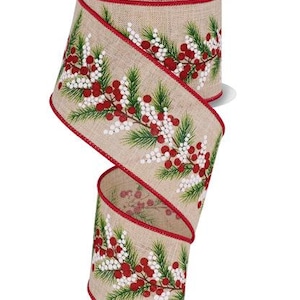Berries and Pine Light Natural/Red/Green/Brown Wired Ribbon 2.5&quot; X 10 Yards, Christmas Ribbon, Christmas, Bows, Pine, Red Berries
