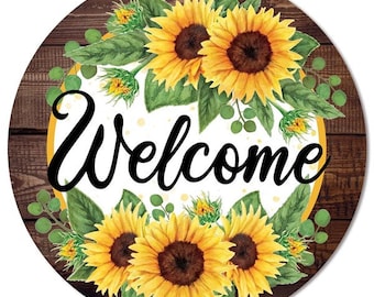 Sunflower Welcome Wood Look Border Metal Sign, 12 Inch Metal Sign, Sunflower Sign, Wreath Attachment, Welcome Sign, Sunflower Wreath Sign