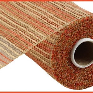 Natural/Dark Orange Horizontal Wide Stripe Mesh, Wreath Mesh, Wreath Supplies, 10&quot; X 10 Yard Mesh, Fall Mesh, Natural Mesh, Dark Orange Mesh