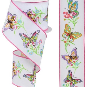 Butterfly Floral Wired Ribbon 2.5&quot; X 10 Yards, Floral Ribbon, Summer, Spring, Bows, Wreath Supplies, Butterflies, Flowers, Pink, Butterfly