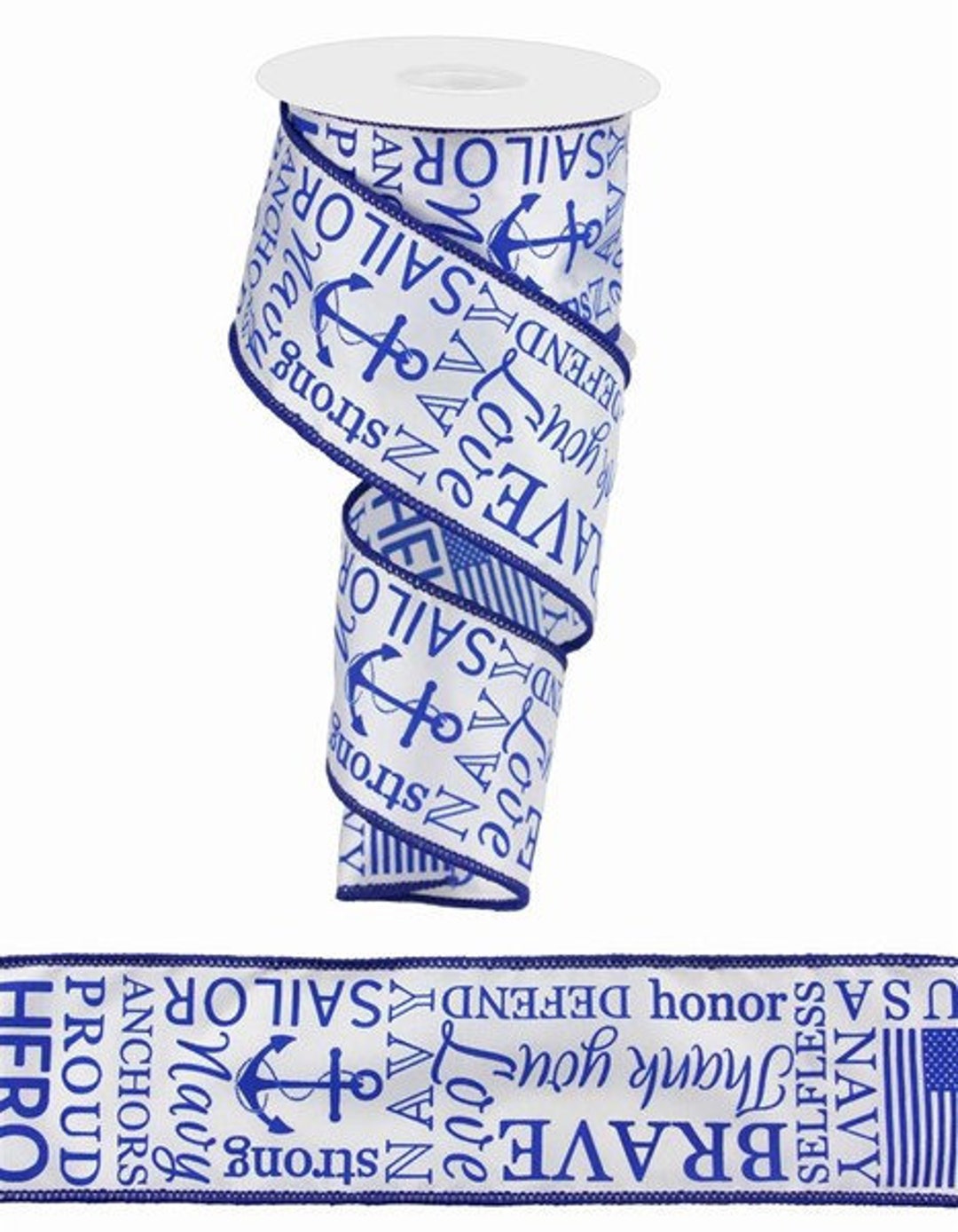 Navy Military Ribbon, Blue Print on White Satin Wired Ribbon, 2.5'' X