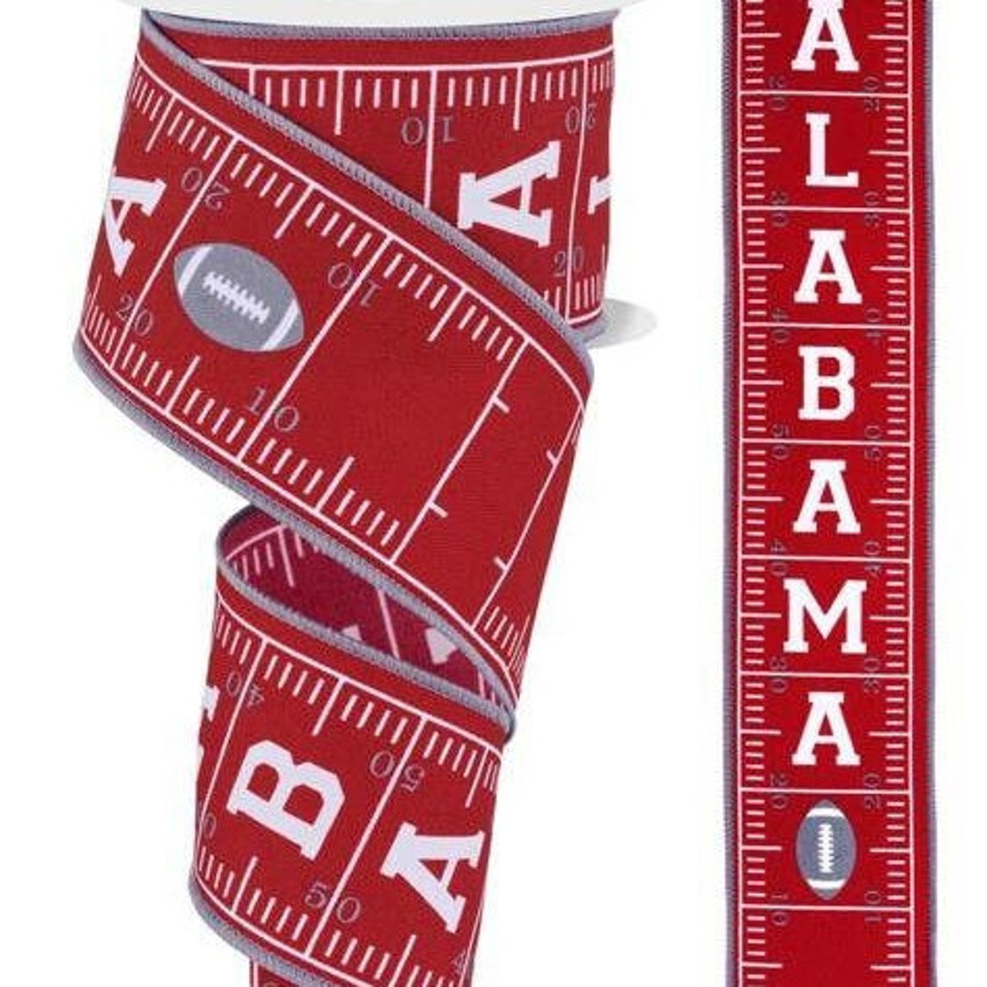 Crimson Alabama Football Field With Gray Footballs Wired Ribbon 2.5