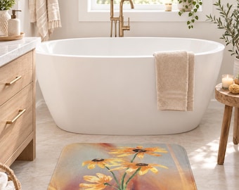 Tappetino da bagno, motivo floreale autunnale, tappeto in memory foam con fiori selvatici dorati, 2 misure