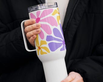 Abstract Floral Travel Mug, Purple Yellow 25oz 40oz Tumbler