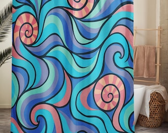 Coastal Shower Curtain Pink Blue Aqua Ocean Waves Spiral Seashell Design Modern Nautical Bathroom
